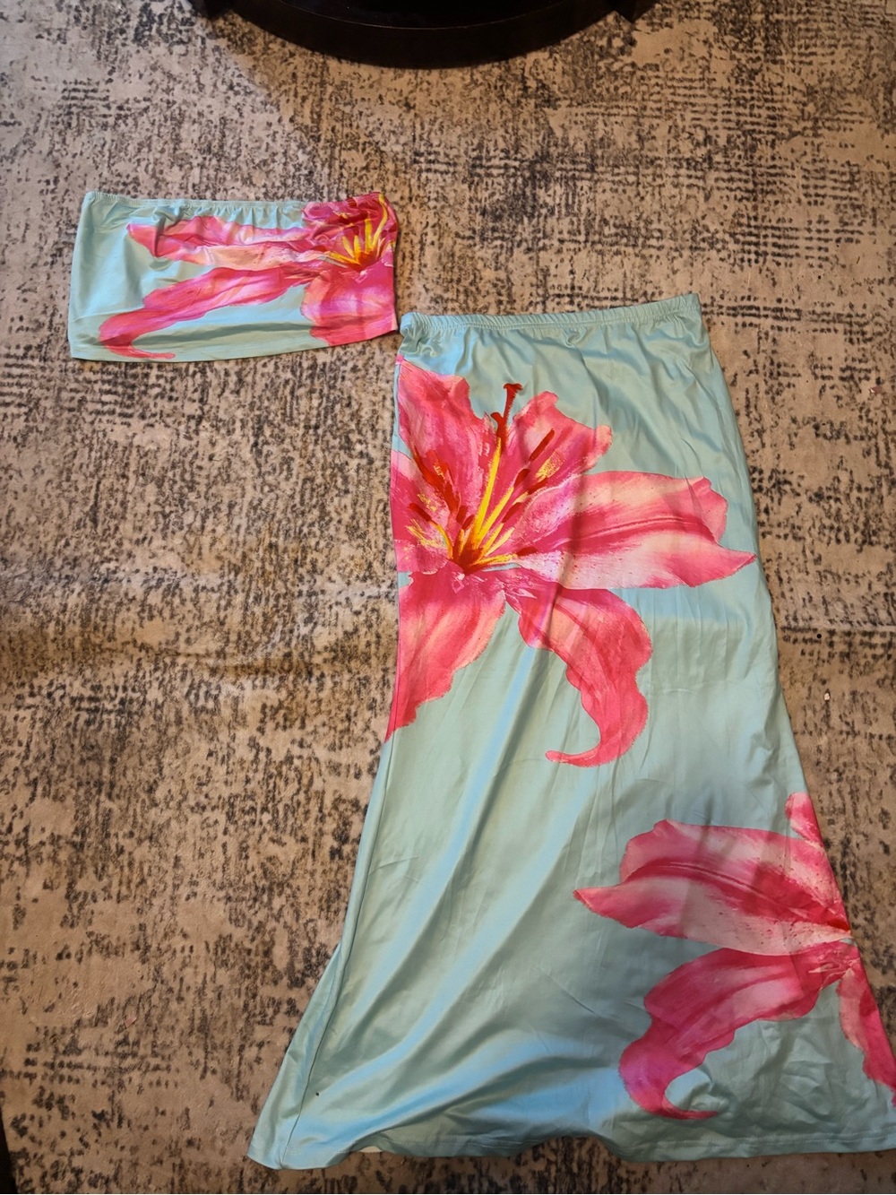 Light Blue Two-Piece Floral Skirt Set with Pink Lily Print